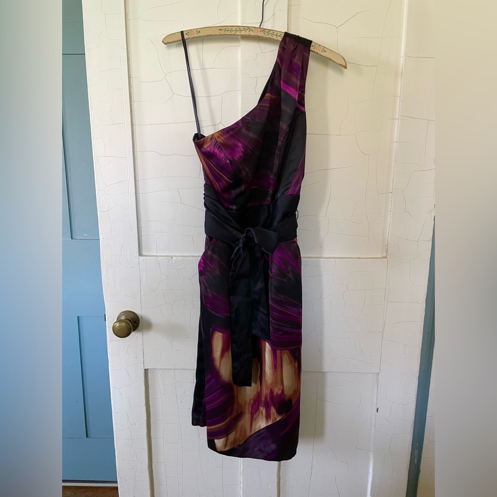 Worthington One-Shoulder Purple and Black Print Dress with Sash